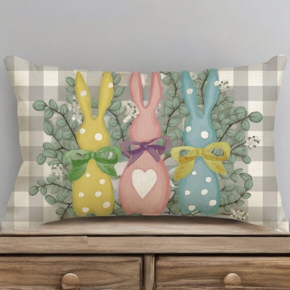 Easter Bunny Decorative Pillow Cover Lumbar Accent Spring Decor Throw Case 12x20 - Picture 2 of 5